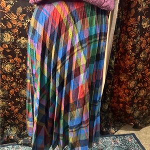 Vintage Wool Rainbow Plaid Pleated Midi Skirt